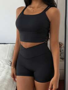 DAZY 2pcs/Set Crop Top Camisole And Shorts, Solid Color Women Sports Bra And Shorts Set, Summer - Black - View 6