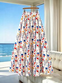 SHEIN Franclia Fresh Pastoral Style Colorful Floral Print High-Waist Midi Skirt Vacation Outfits Women Summer Outfits For Women - Multicolor - View 2