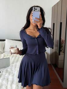 Livesso Bộ đồ ngủ nữ gồm váy không tay và áo dài tay - Màu xanh hải quân - Xem 5