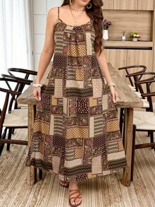 Lacomfia Casual Minimalist Paisley Print Sleeveless Loose Fit Regular Spring/Summer Plus Size Dress - Multicolor - View 1