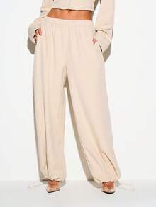 KIZN Tailored Balloon Trousers Wide Leg Elastic Waist Cinched Ankle Drawstring Chic Casual Suit Pants - Apricot - View 3