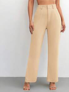 SHEIN LUNE Pantalones rectos de traje con cierre de cremallera de unicolor para otoño/invierno - Albaricoque - Ver 8