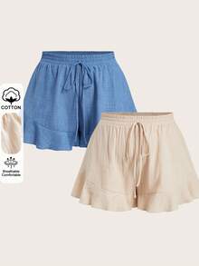 Elaquor 2 Pcs/Set Women's Plus Size Casual Woven Fabric Shorts With Ruffle Hem And Drawstring, Apricot, Short Length For Summer Comfort - Apricot - View 9