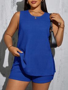 SHEIN Essnce 大尺碼女款皇家藍夏季曲線修身休閒居家服，無袖開衩T恤口袋短褲兩件套，健身運動套裝辦公穿搭 - 寶藍色 - 查看 4