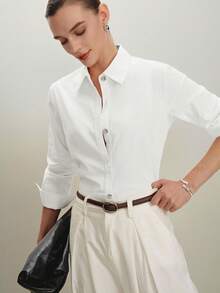 Camisa de manga larga para mujer con botones en los hombros, estilo clásico para el lugar de trabajo, negocios, viajes, ocasiones formales, graduaciones, elegancia retro de los 90 - Blanco 3 - Ver 5