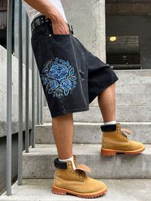 GALLERY FADE Black Washed Denim, Blue Floral Embroidered, Distressed Street Style Denim Shorts, Holiday - Black - View 3