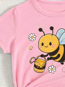 Girls Cute Cartoon BeeFloral Print Baby Pink T-Shirt,Summer Casual Short Sleeve Top,Fashionable Creative Refreshing Minimalist Daily Wear For Kids - Pink - View 3