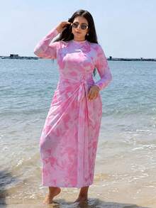 Swim Shayni 大尺碼女款花卉印花荷葉邊長袖連身泳衣與裙子比基尼套裝，適合海邊度假、泳池派對、海灘派對 - 彩色 - 查看 3