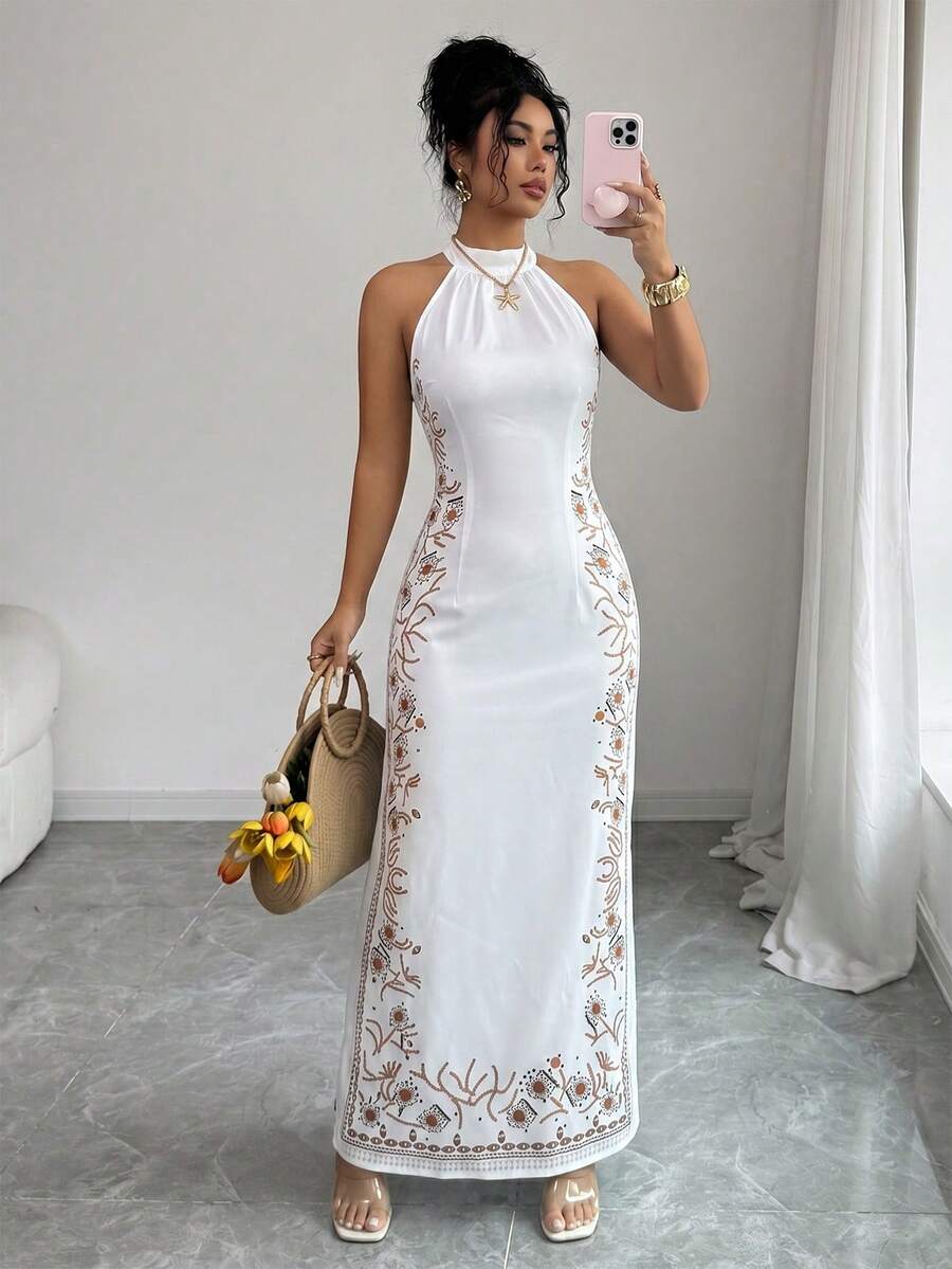 Firerie Đầm dài in họa tiết ôm dáng, kiểu dáng thanh lịch dành cho nữ. - trắng - Xem 1