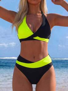 Swim Lushoire 2pcs/Set Women Solid Color Splice Bikini Top And Bottom Swimwear Summer - Multicolor - View 8