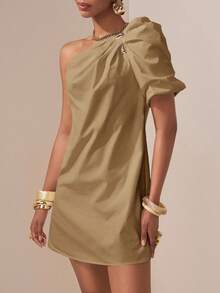 Zivah Elegant Summer Khaki Asymmetric Ruched Puff Sleeve Short Dress For Brunch,Music Festival,Easter,St. Patrick's Day,Vacation,Beach,Party,Graduation - Khaki - View 4