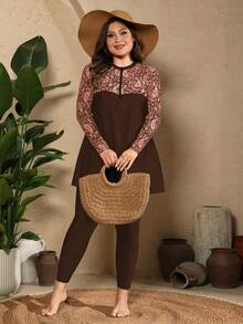 Swim Mulvari 大尺碼女款 2 件組佩斯利印花拉鍊前開長袖防曬泳衣上衣與長褲泳裝套裝 - 鏽棕色 - 查看 7