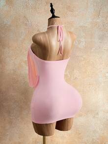 Mistrie Light Pink Halter Neck Mesh Covered Bodycon Mini Dress For Vacation Boho Sexy Tech Summer Party Party Night Club Night Out Outfit, Dress, Mini Dress - Multicolor - View 2