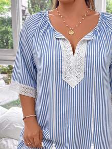 Swim Lushoire Plus Size Striped Print Casual Coverup - Blue and White - View 3