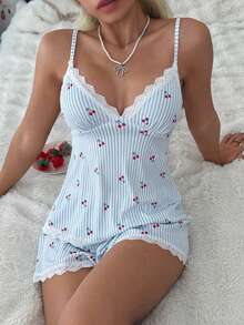 CottageSlumber Women's Romantic Cherry Pattern Lace Decorated Pajama Set - Blue - View 4