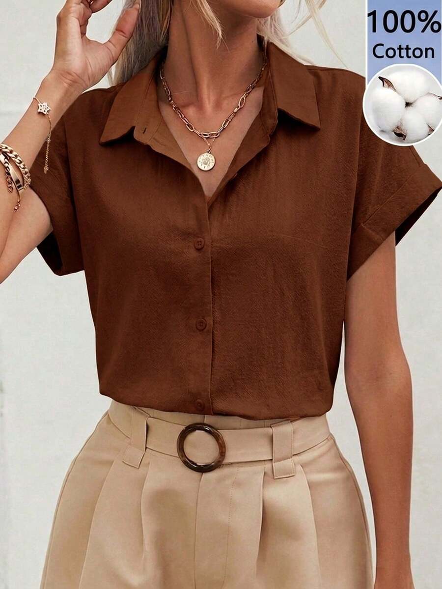 SHEIN Frenchy 棕色纯棉休闲简约短袖衬衫，女士款，适合夏季穿着 - 棕色 - 查看 1