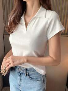 DAZY Women's Round Neck Solid Color Basic White Short Sleeve T-Shirt, Spring/Summer - White - View 2
