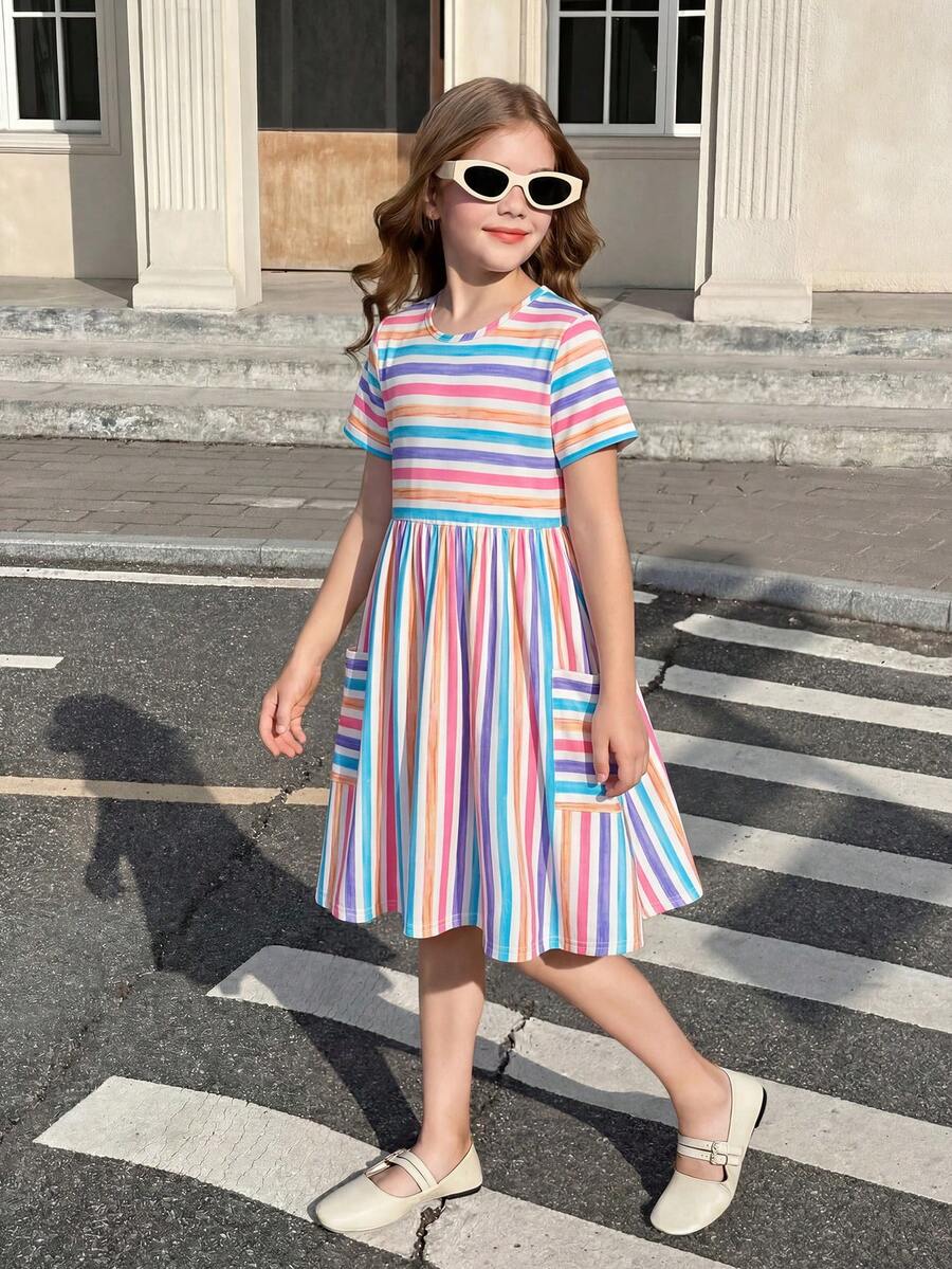 SHEIN Vestido casual de punto con cuello redondo y manga corta para niñas preadolescentes, primavera/verano - Multicolor - Ver 1