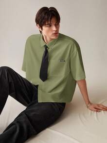 SWAVVY Men's Woven Pocket Tie Collar Short Sleeve Casual Shirt, Spring/Summer - Army Green - View 3