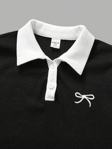 SHEIN Vestito casual quotidiano per ragazze pre-adolescenti, con colletto a contrasto bianco e nero, aderente, con ricamo a farfalla e cintura - nero - Visualizzare 3