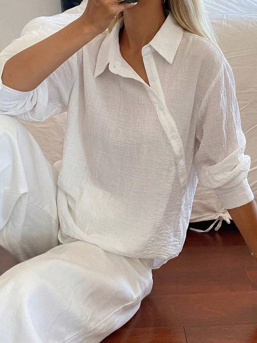 DAZY 女士宽松条纹翻领衬衫 - 白色 - 查看 1