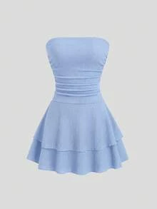 Sweetra Women's New Minimalist Cute Solid Color Strapless Knit Mini Dress, Multi-Layer Cake Dress Vacation Light Blue Summer - Baby Blue - View 3
