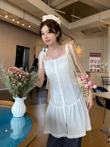DAZY Women's Pleated Fresh Korean Style Camisole Vacation Summer Cute Top White - White - View 6