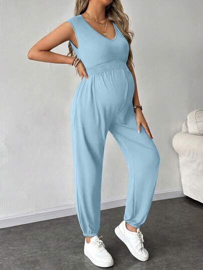 SHEIN Đồ liền thân nữ bầu màu trơn cổ chữ V không tay phong cách thường ngày, mùa hè