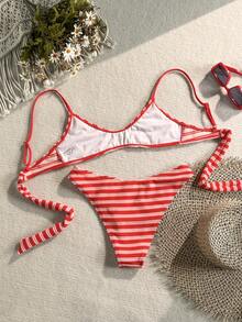 Swim Mod Women's 2 Pieces Red Striped Textured Fabric Spaghetti Strap Tankini Top And Bikini Bottoms, Suitable For Beach Pool Party, Summer, Vacation, Casual - Red - View 2