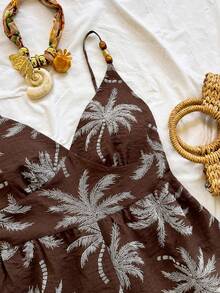 Soleia Women's Brown Summer Boho Tropical Wrap Holiday Vacation Tropical Print Jumpsuit, Spaghetti Strap, Metal Decor, Brunch, Beach Vacation, Music Festival - Coffee Brown - View 4