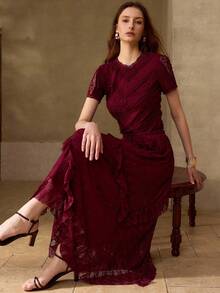 MOTF PREMIUM WOMEN'S LACE FASHIONABLE WAIST CINCHED HOLLOW ELEGANT ROUND NECK PATCHWORK TOP - Burgundy - View 1
