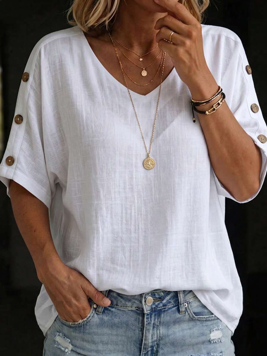 SHEIN Holidaya 女士休闲V领插肩袖衬衫，适合度假和日常休闲穿着，夏季