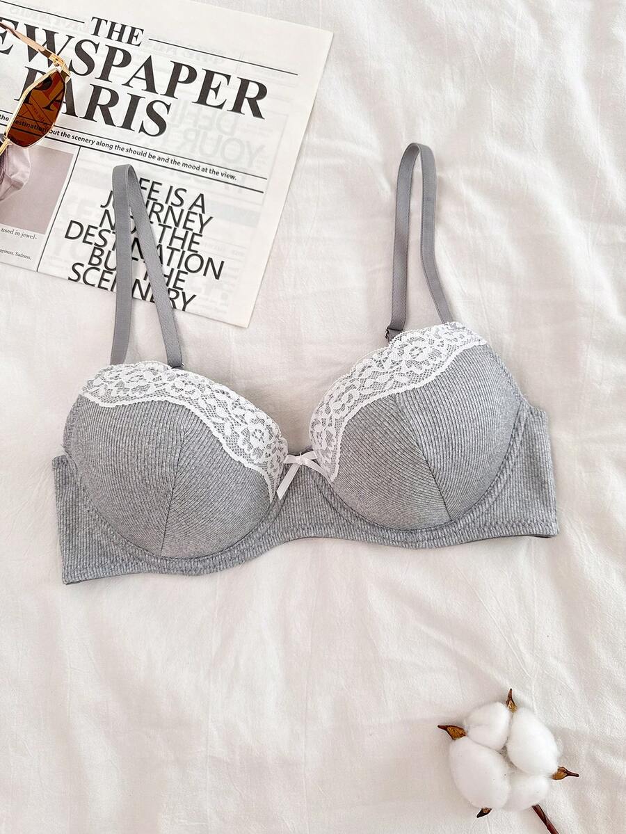 Napfluff 1 chiếc áo ngực có gọng phối ren màu xám nhạt dành cho nữ - Xám - Xem 1
