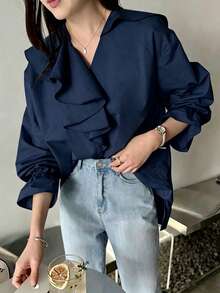 Cévolie V-Neck Ruffled Hem Loose Blouse - Navy Blue - View 4