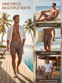 CoralVoy Men's Summer Beach Vacation Style All-Over Letter Print Drawstring Waist Slant Pocket Beach Shorts, Holiday - Brown - View 5
