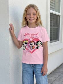 THE POWERPUFF GIRLS X SHEIN 少女休闲圆领卡通字母印花短袖T恤，日常百搭 - 白色 - 查看 3