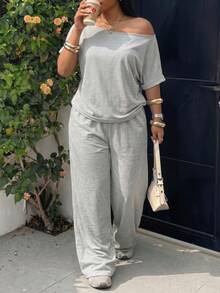 GalTyme Damen-Set in Große Größen, 2-teilig, einfarbig grau, mit asymmetrischem Ausschnitt, Fledermausärmeln, lockerem T-Shirt und weiten Hosen, smart-casual Loungewear-Sommer-Alltagsset - Hellgrau - View 3