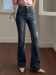 DAZY Women's Casual Flared Pocket Denim Jeans School - Dark Wash - View 7