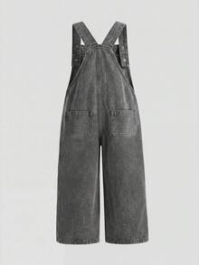 SHEIN 女童夏季蓝色牛仔连体裤，新款时尚爱心印花休闲柔软牛仔连体裤 - 灰色 - 查看 2