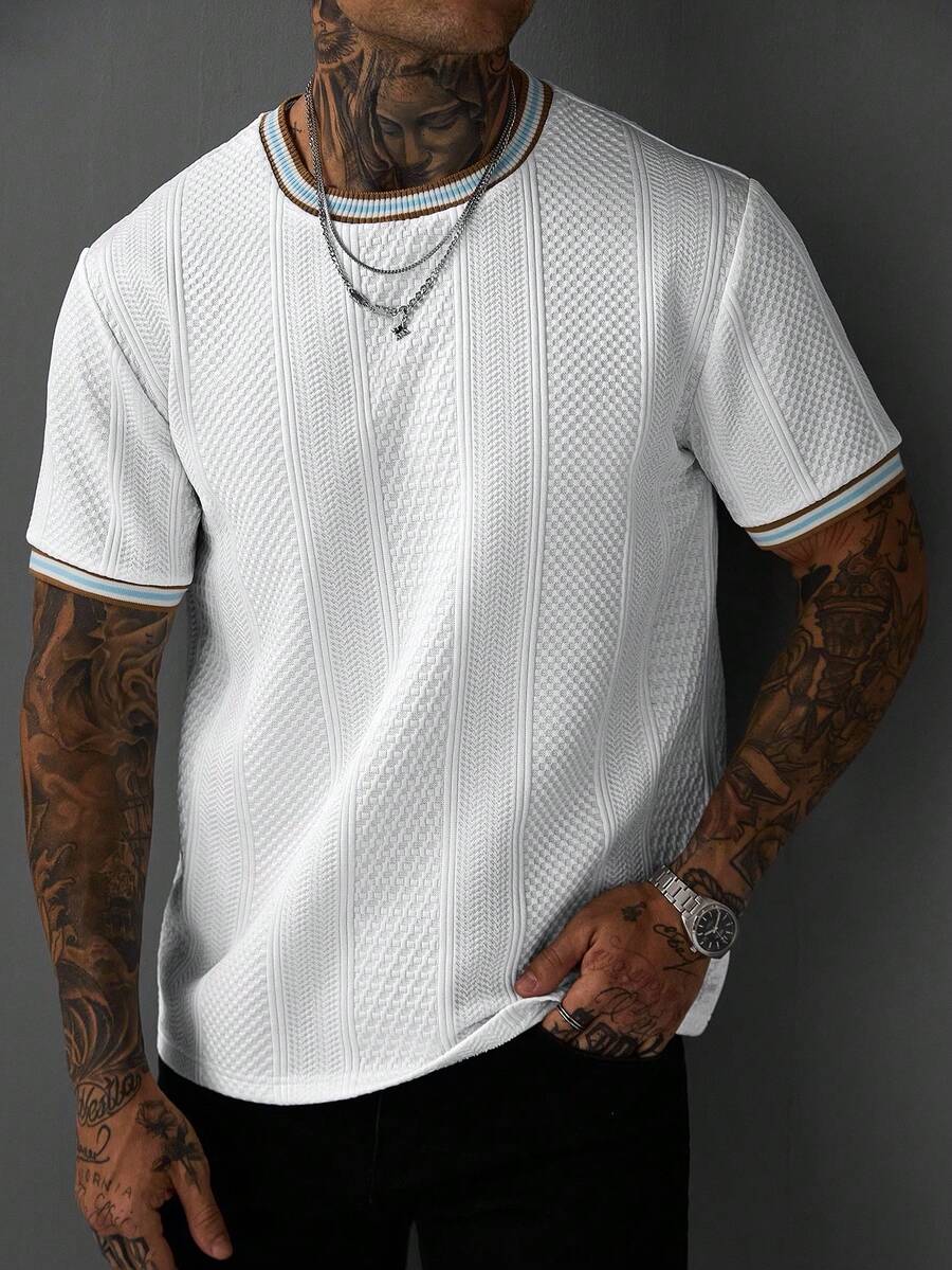 EGENSIO Men's Colorblock Striped Print Round Neck Casual Short Sleeve T-Shirt, Summer - White - View 1