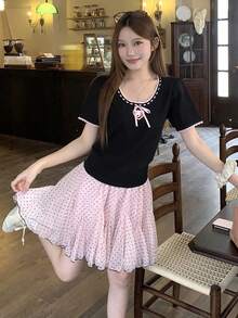 DAZY Women's Patchwork Cartoon Butterfly Print Bow Decor Fitted Casual Daily T-Shirt - Black - View 5