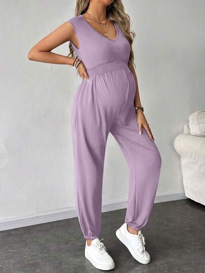 SHEIN Bộ áo liền quần bầu dáng rộng, tối giản, màu trơn, có chun nhún eo, thích hợp cho việc đi làm hàng ngày.