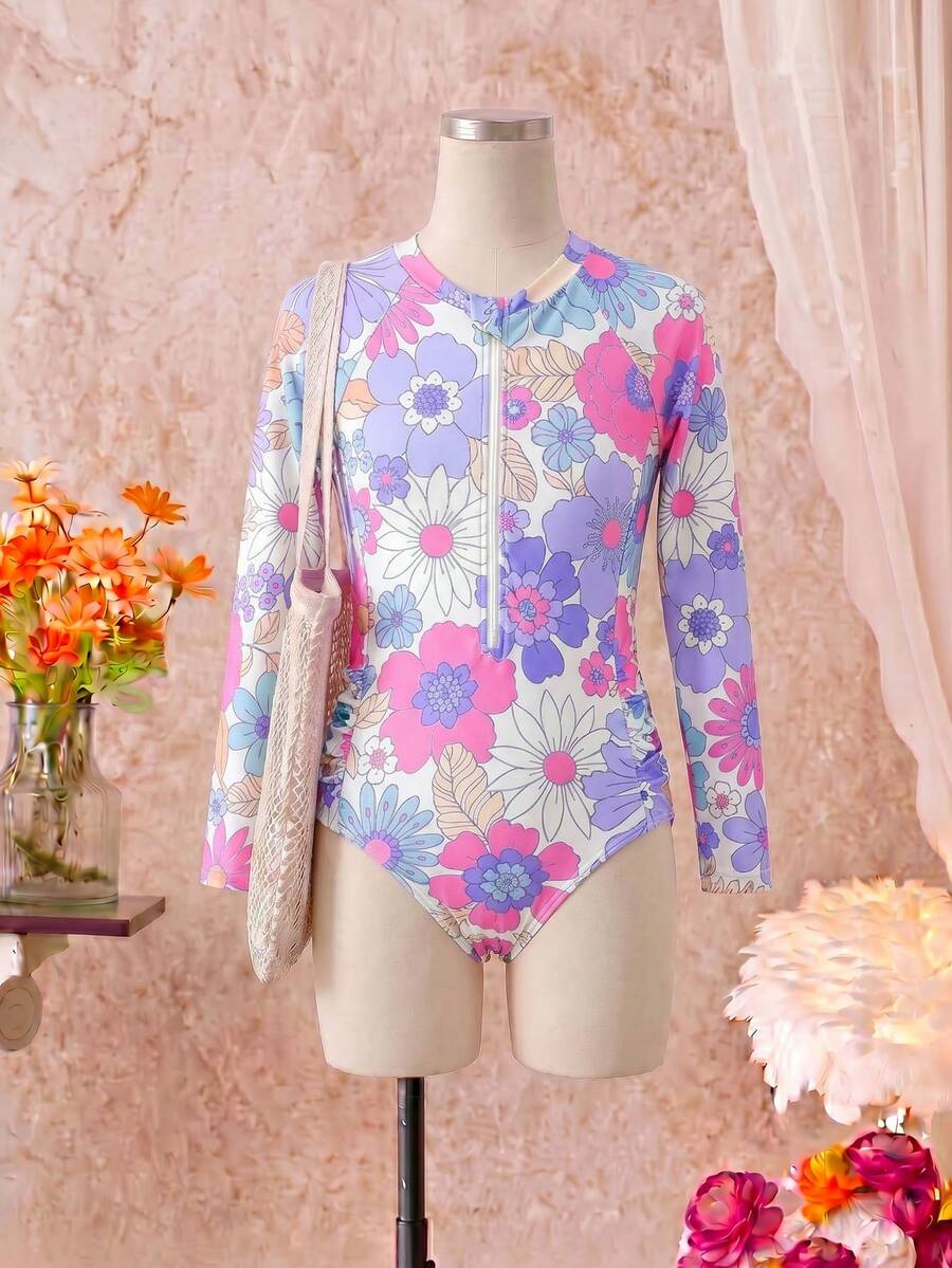 Nuevo diseño de traje de baño de una pieza con estampado de flores all-over para niñas preadolescentes - Morado - Ver 1