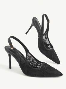 CUCCOO CHICEST 女鞋春夏蕾絲刺繡後繫帶金屬扣尖頭細高跟鞋，新娘網面漆皮女高跟涼鞋，適合婚禮宴會派對約會通勤購物度假禮物 - 黑色Q - 查看 3