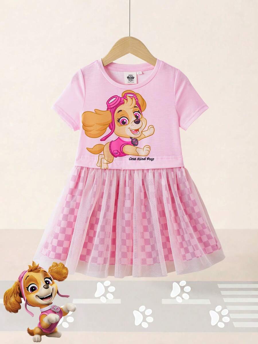 SHEIN | PAW Patrol 1件装 女童夏季可爱圆领短袖网纱下摆舒适连衣裙 - 粉色 - 查看 1