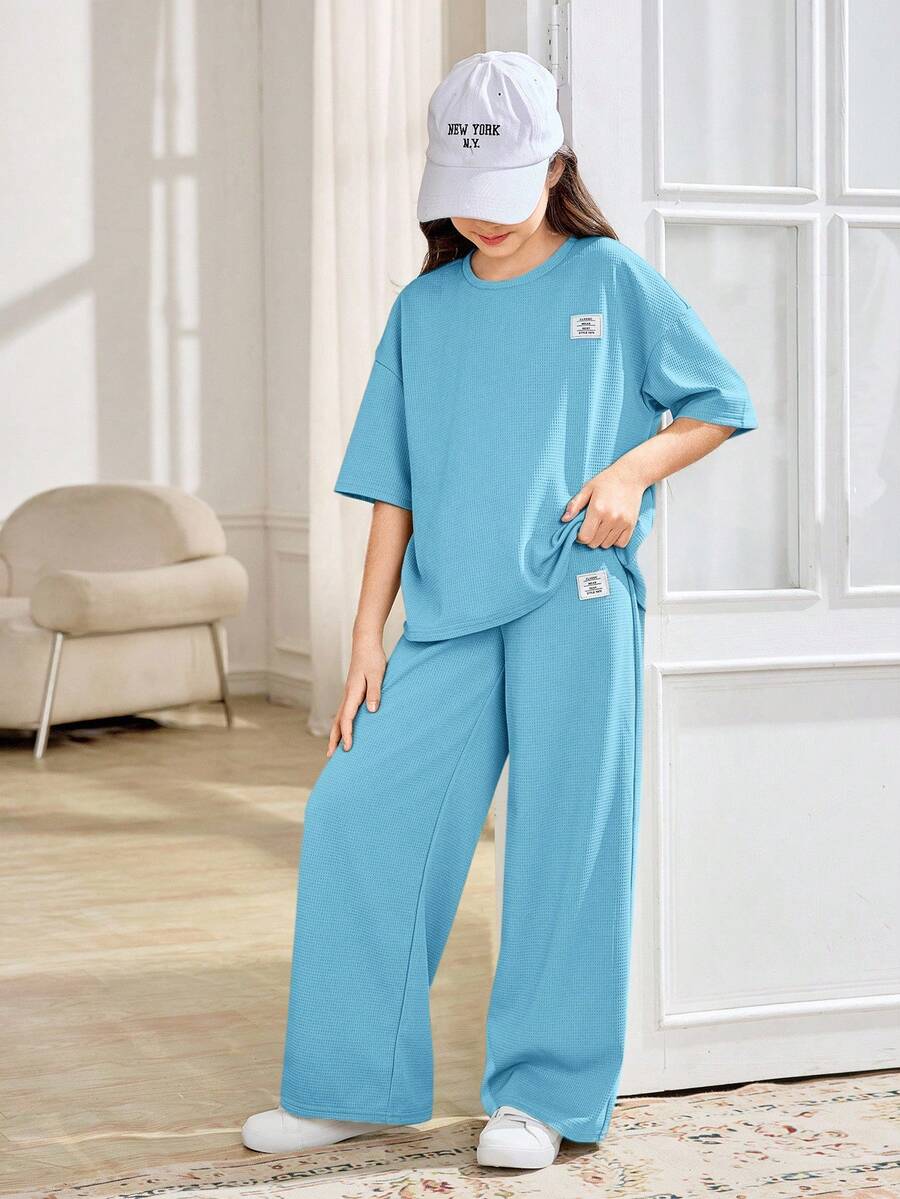 SHEIN 2pcs/Set Tween Girls Casual Loose Comfortable Round Neck Short Sleeve T-Shirt And Pants Set - Blue - View 1