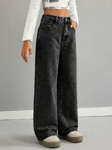 SHEIN Celana Jeans Khaki Longgar dengan Potongan Lebar untuk Remaja Putri - Hitam - View 3