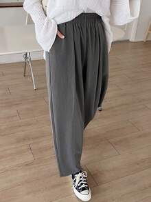 DAZY Business Casual Regular Waist Elastic Waist Plain Trousers - Dark Grey - View 4