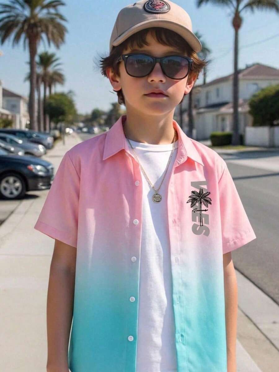 Tween Boy Casual Minimalist Collared Shirt, Suitable For Summer Vacation Streetwear Holiday Vintage Boho Festival Party Casual Cozy - Multicolor - View 1