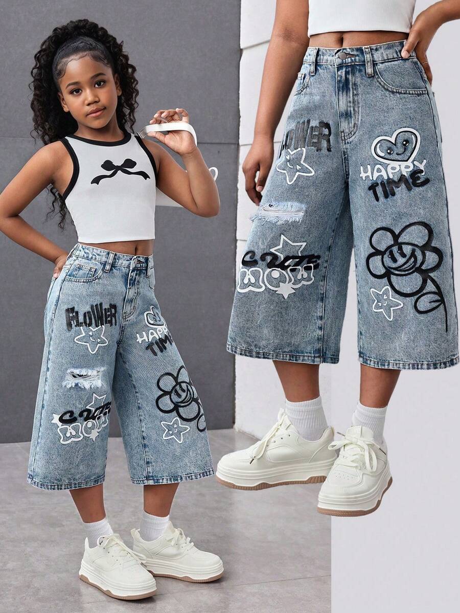 Young Girl Summer Y2k Urban Street Style Floral & Heart Graffiti Pattern Light Blue Denim Loose Wide-Leg Jeans For Kids Girls Spring/Summer Dailywear,Streetwear,Festival,Party,Beach,Birthday,Country,Girls Graduation,Casual,Summer Vacation,Graphic Jeans, 4-Years-Old,Casual,Summer Jean,Kawaii Jeans - Light Wash - View 1
